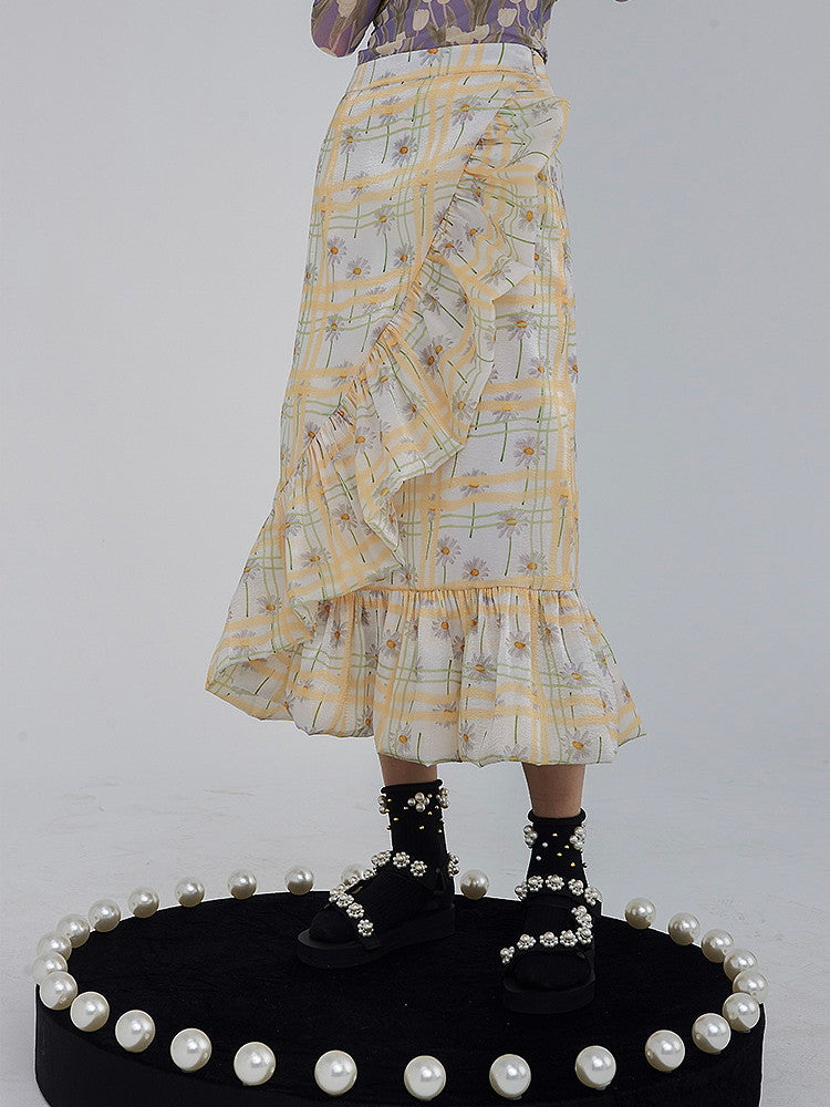 Wrap Flower Frill Girly Flare Retro Checked Long-Skirt