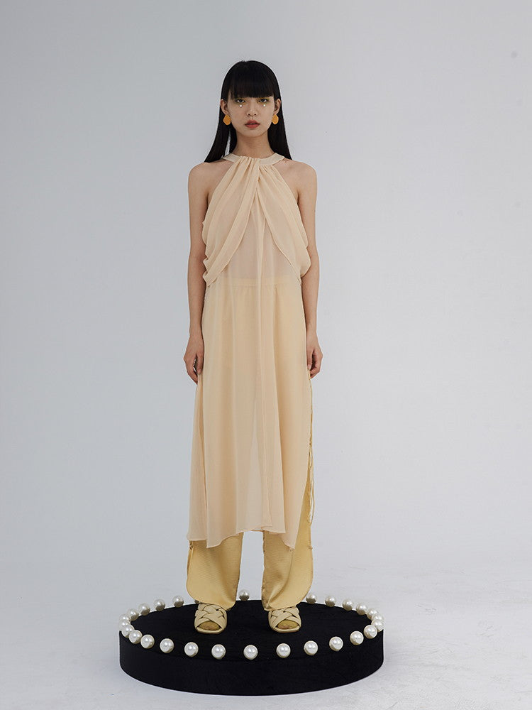 Nichi Ciffon Drape Asymmetry Sheer Cross Tops