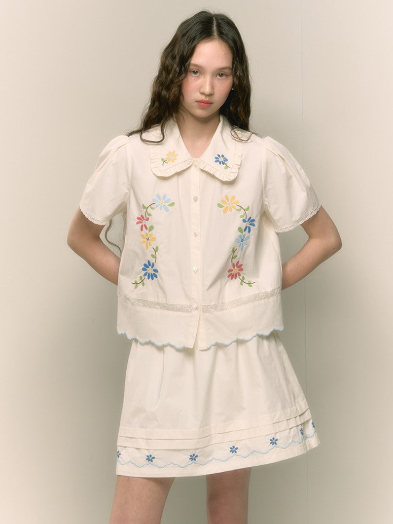 Embroidery Flower Retro Frill Girly Blouse＆Minis-Kirt