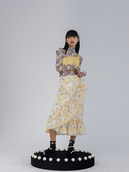 Wrap Flower Frill Girly Flare Retro Checked Long-Skirt