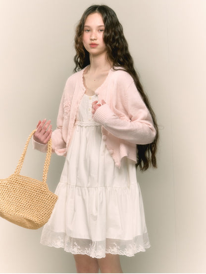 Crew-Neck Feminine Embroidery Pale Flower Cardigan