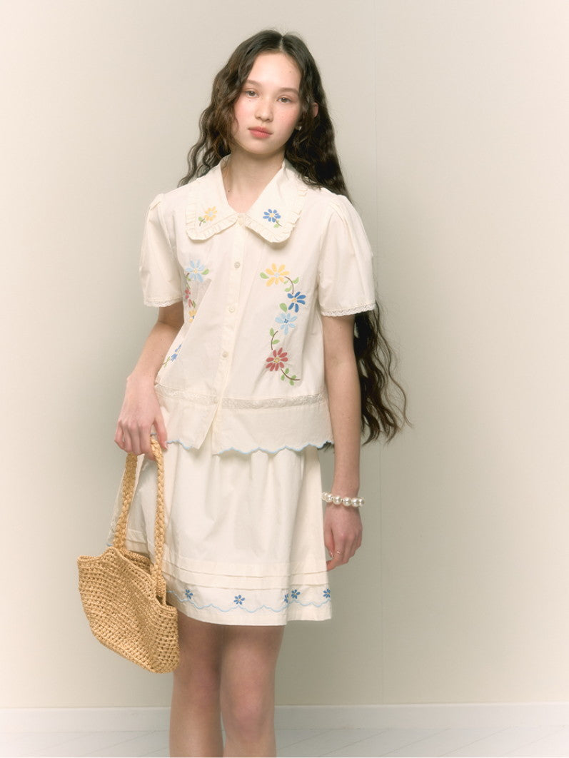 Embroidery Flower Retro Frill Girly Blouse＆Minis-Kirt