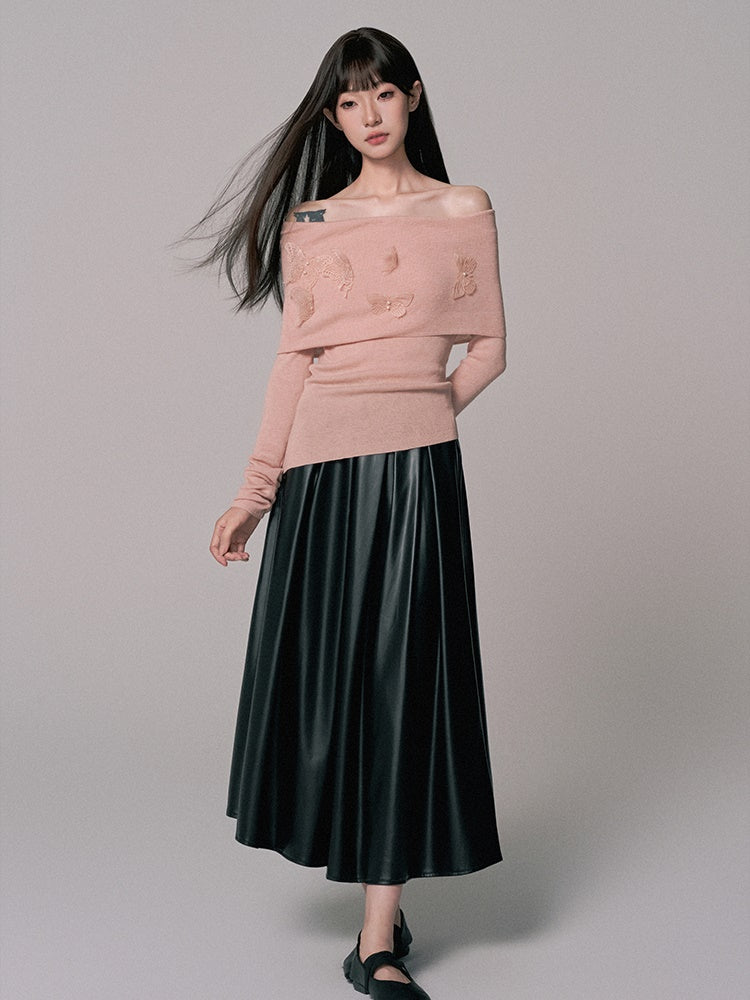 Knit＆Long-Skirt Off-Shoulder Flower Thin Plain Chic Set-Up