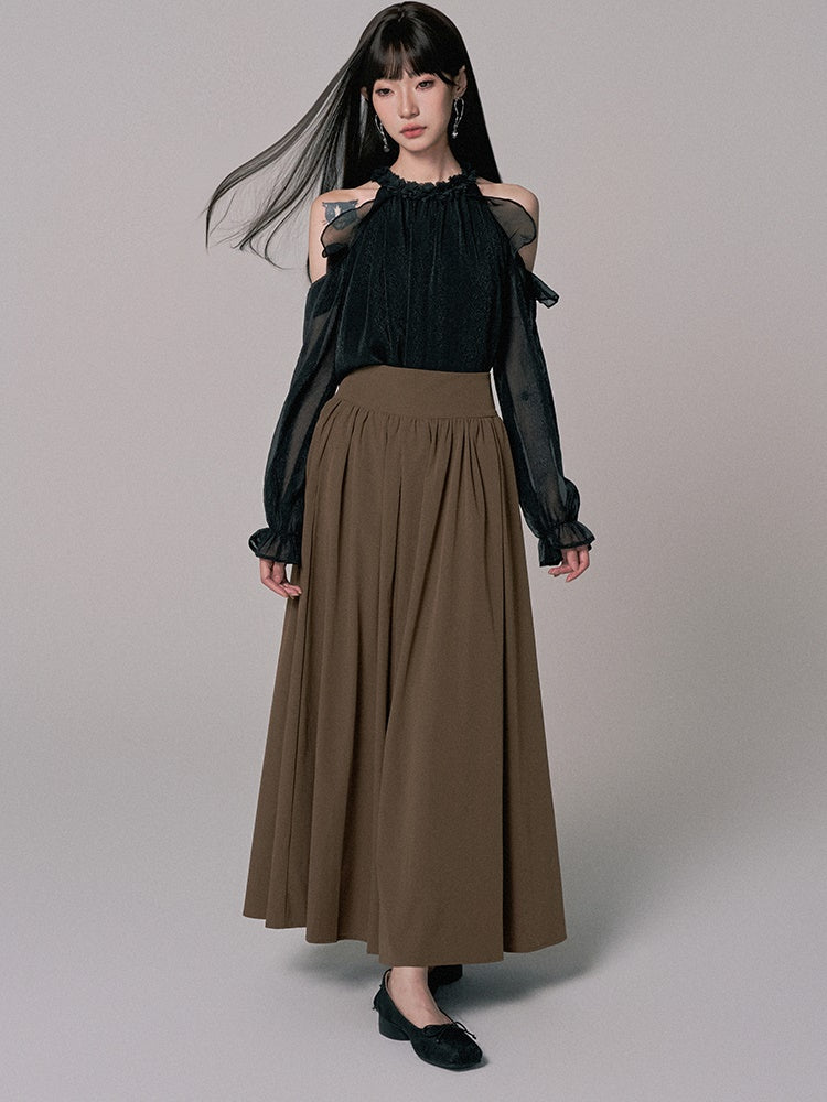 High-Waist Plain Flare Simple Long-Skirt