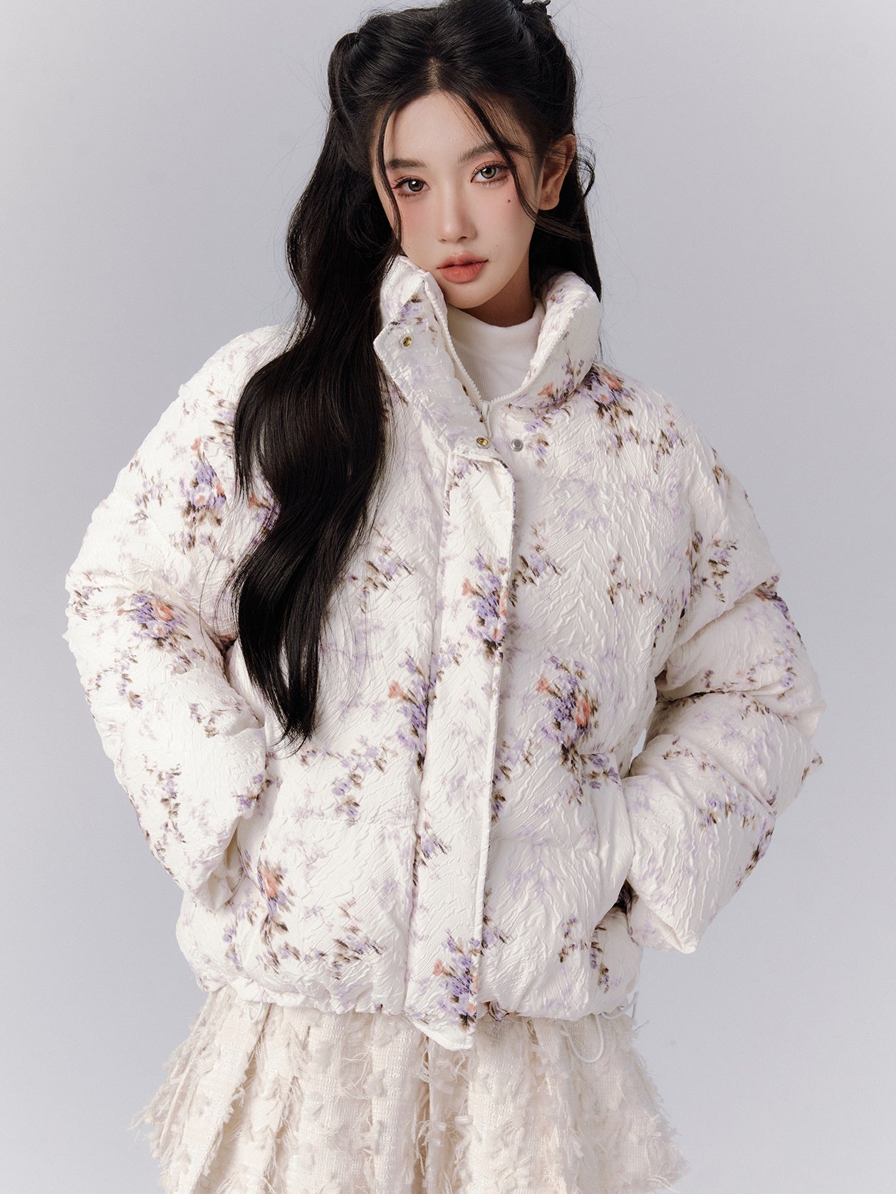 Flower Stand-Collar Cotton Pleats Embroidery Down-Jacket＆Mini-Skirt