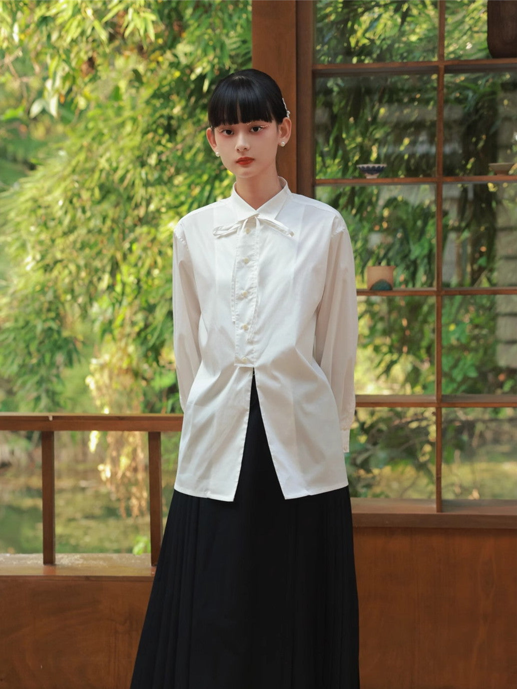 Nichi-Button Ribon Tie Oversize Flare Shirt