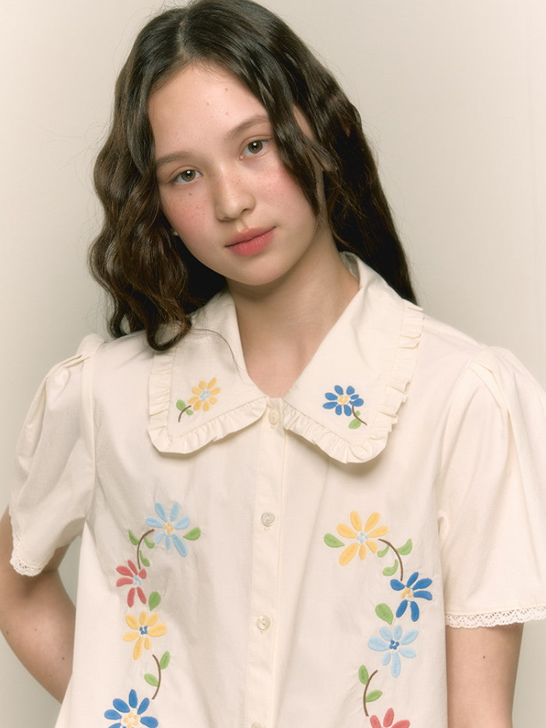 Embroidery Flower Retro Frill Girly Blouse＆Minis-Kirt