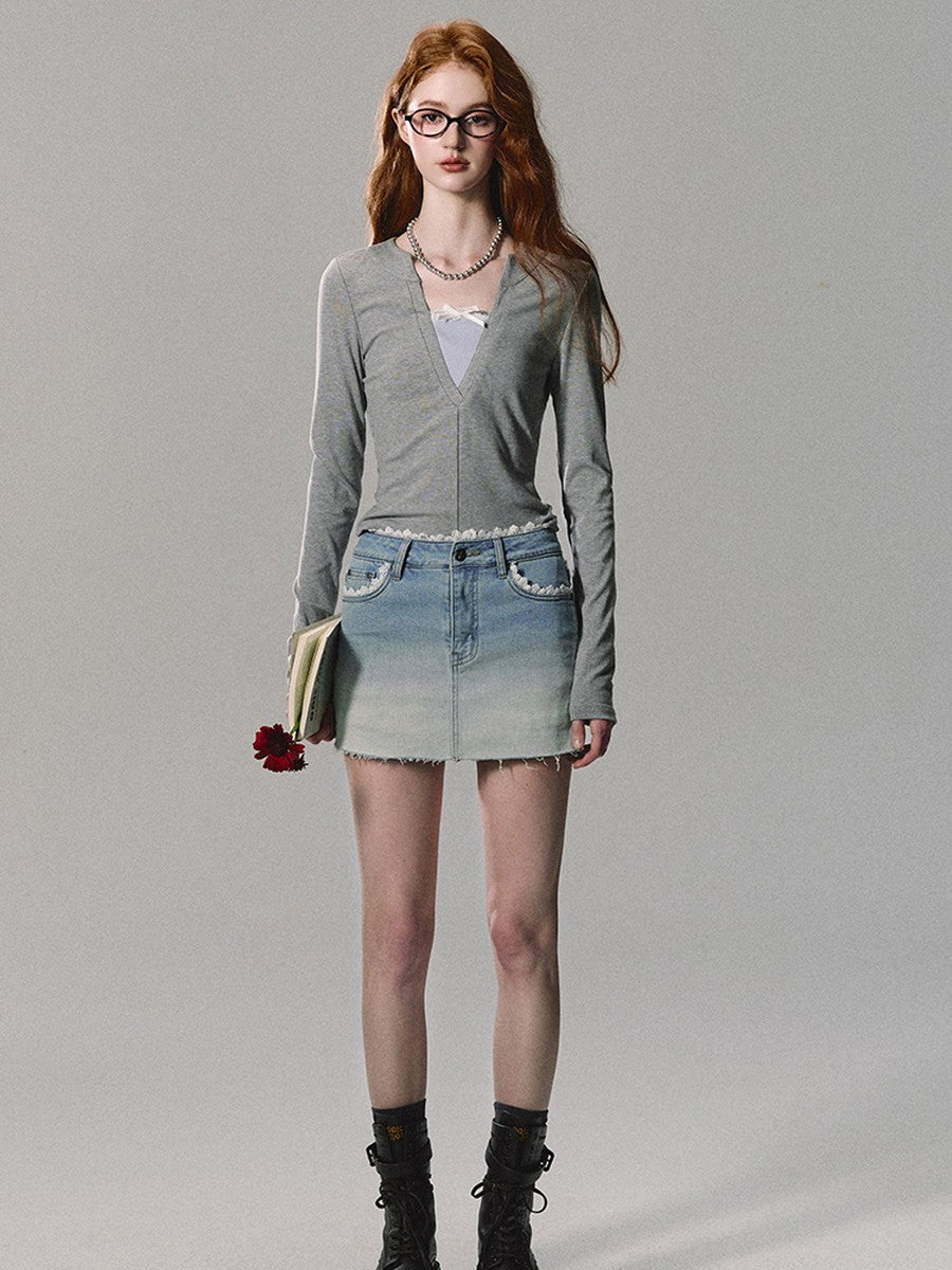 Denim Gradation Cut-Off Lace Mini-Skirt