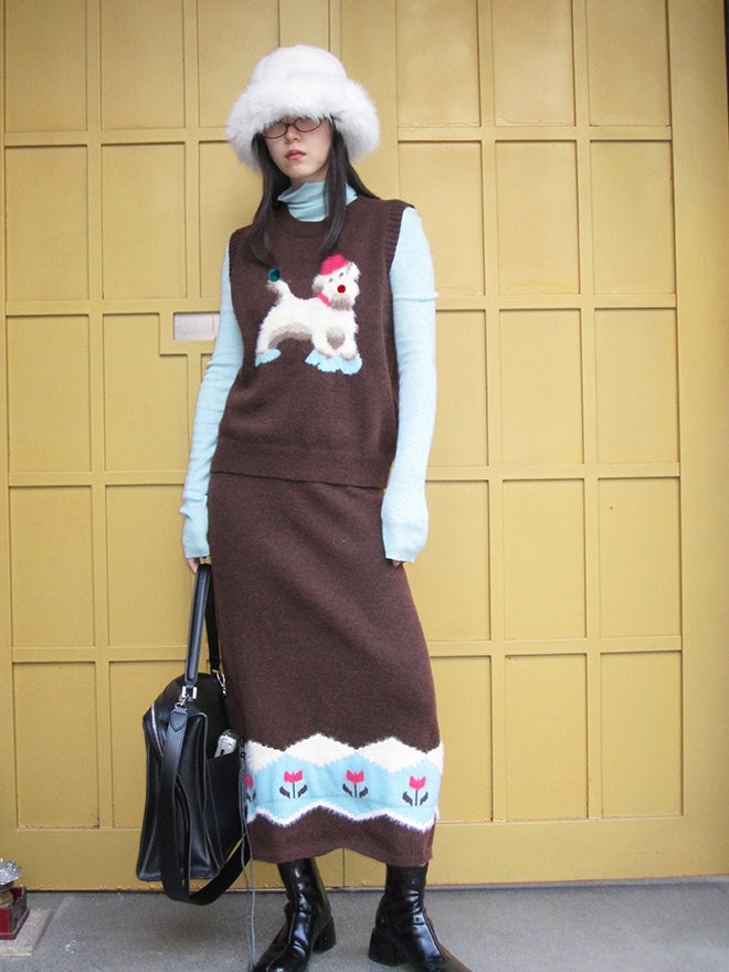 Vest＆Long-Skirt Dog Tulip Flower Retro Mohair-Knit Girly Set-Up