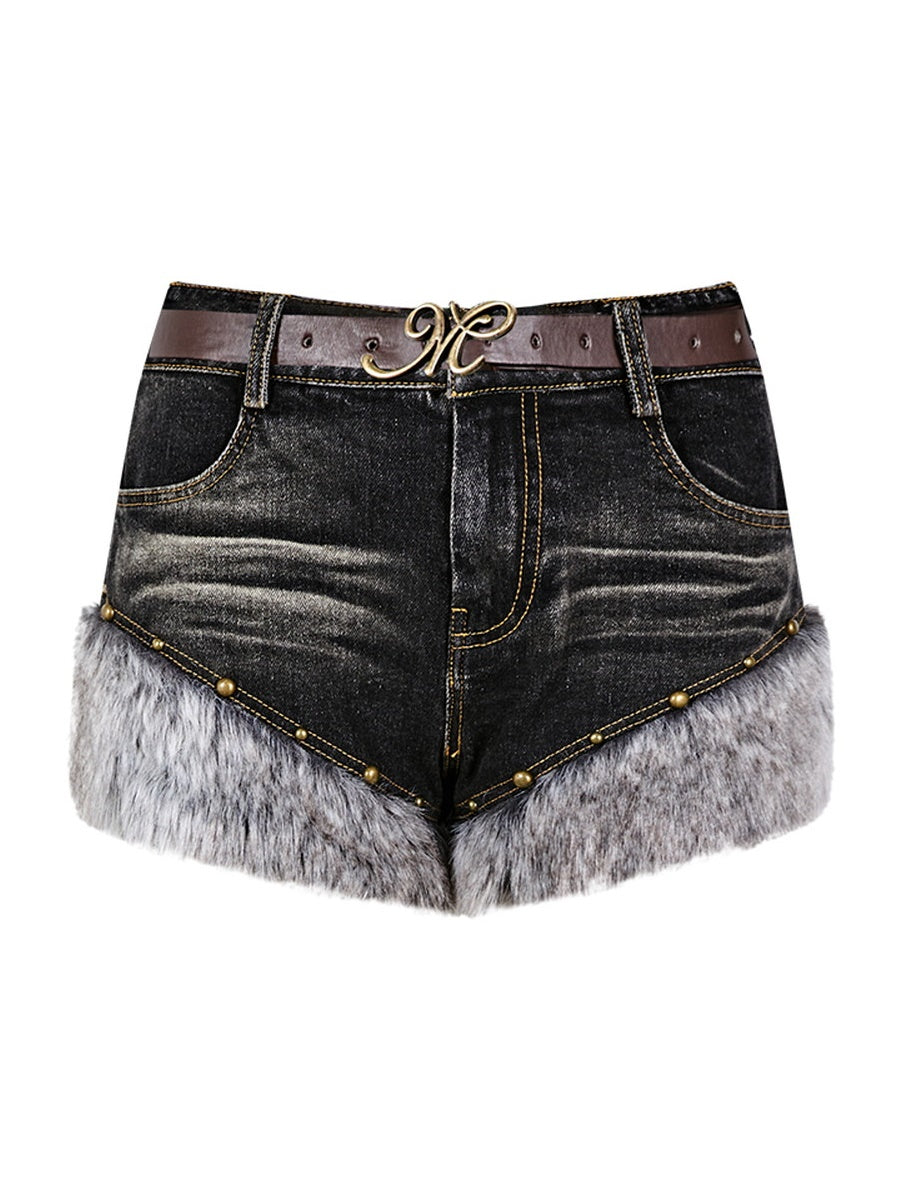 Fur Denim Lace-Up Slim Bare-Top&amp;Short-Pants