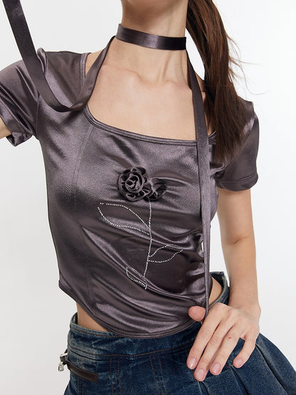 Glossy Rose Embroidery Choker Tops