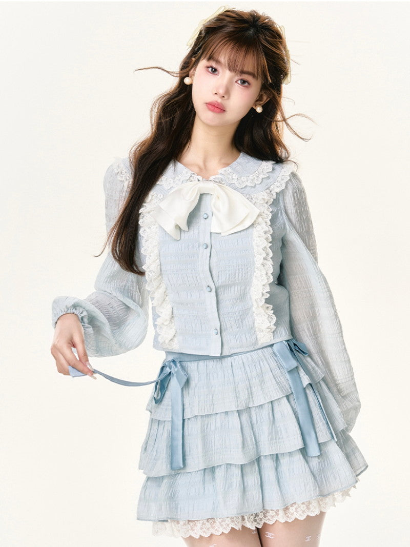 Frill Set-Up Girly Wrinkled Lace Ribbon Cute Blouse＆Mini-Skirt