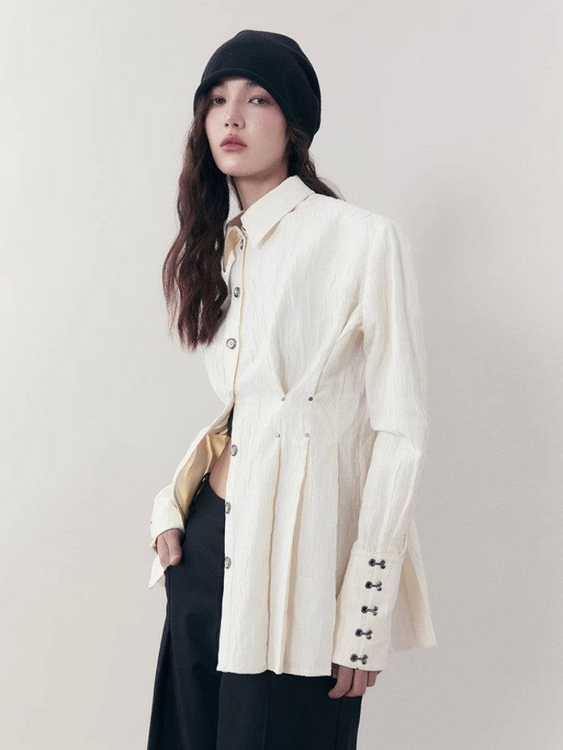 Curve Wrinkled Long-Cuffs Oversize Long-Shirt