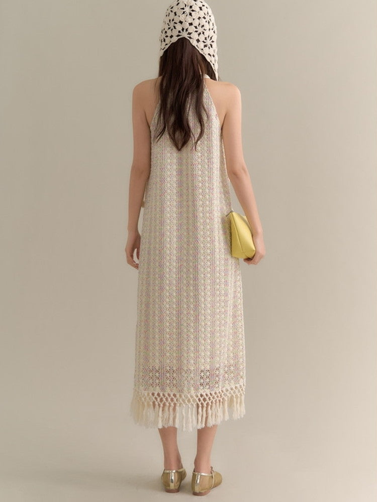 Crochet Knit Tassel American-Sleeve Sequins Long Dress