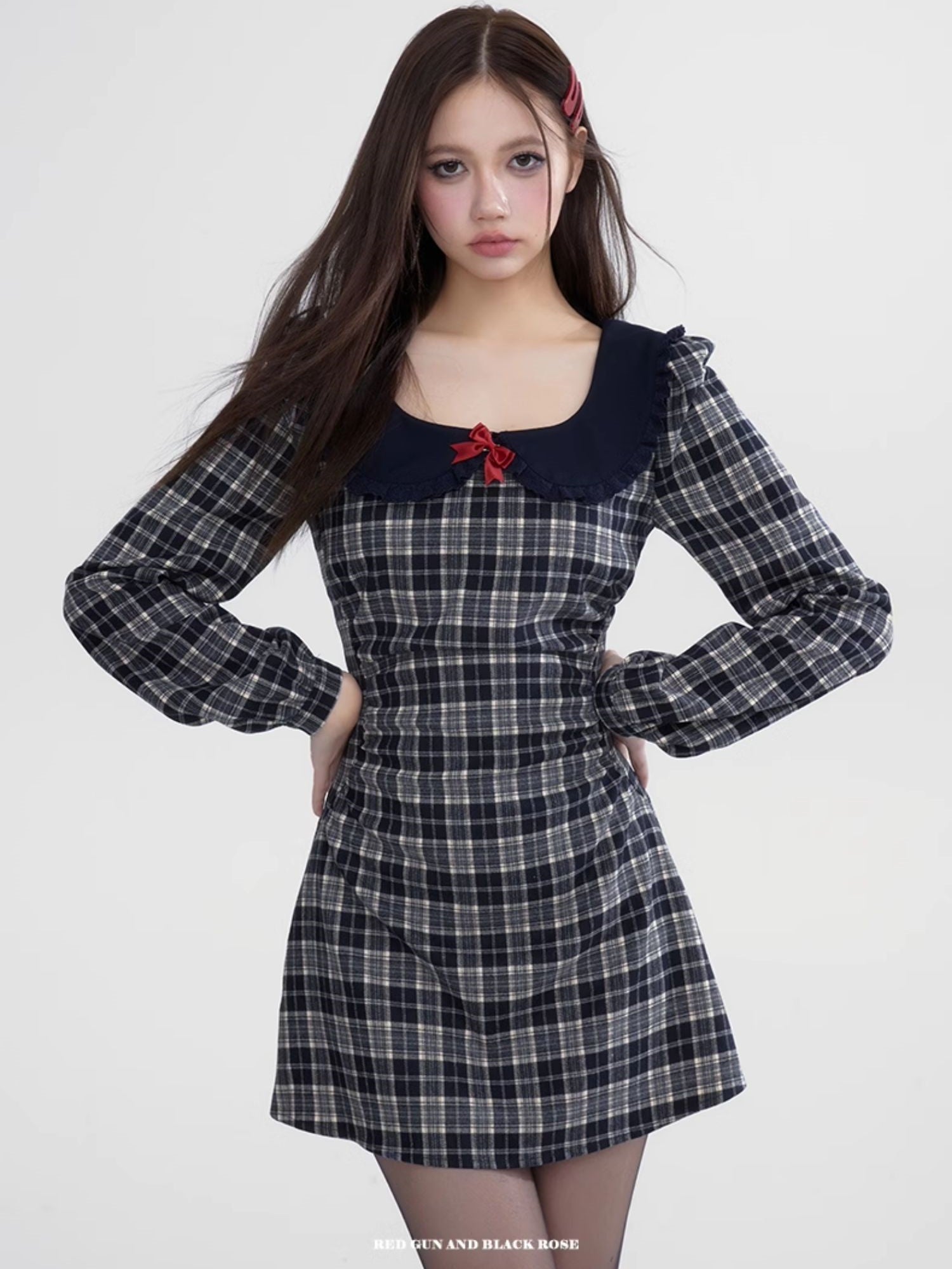 Checked Ribbon Frill-Collar Girly Retro One-Piece