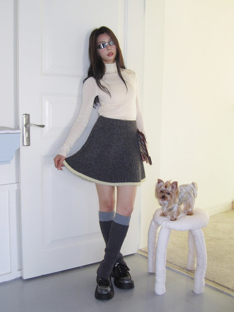 Knit＆Mini-Skirt Retro High-Neck Casual Zip Set-Up