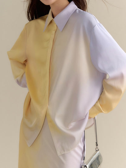 Set-Up Gradation Pale-Tone Retro Satin Cnihi Shirt＆Long-Skirt