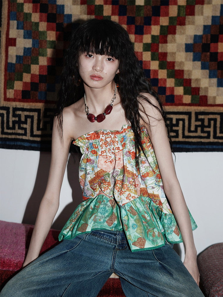 Bare-Top Flare Frill Flower Patchwork Tops