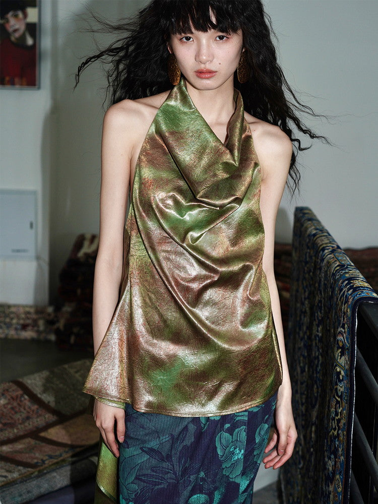 Wrinkled Metallic Nichi Halter-Neck Fish-Tail Tops