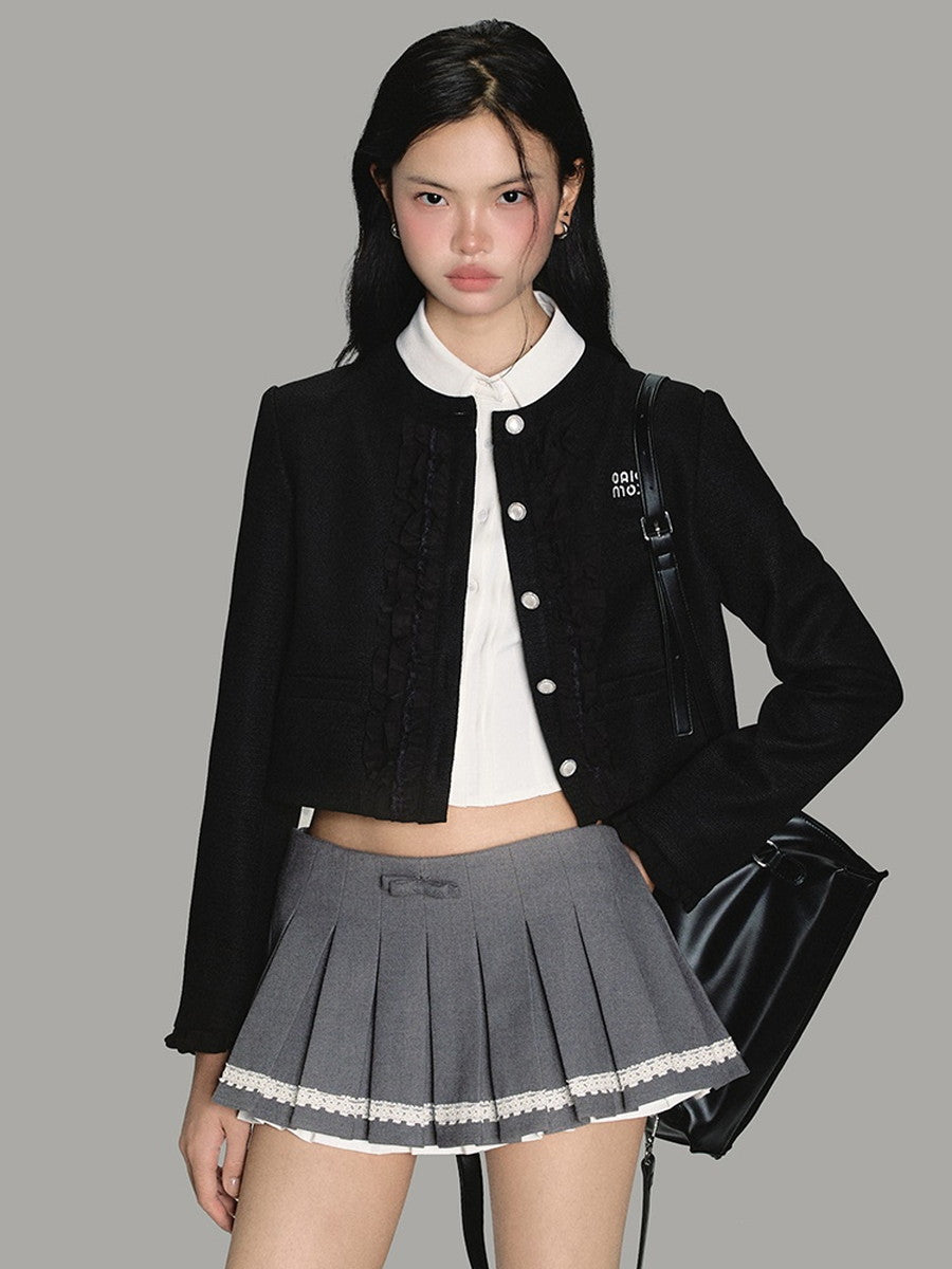 Set-Up Suit Lace Frill Feminine No-Collar-Jacket＆Mini-Skirt