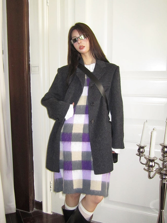 Sleevels Block-Checked Mohair-Tox Retro Colorfer One-Pice