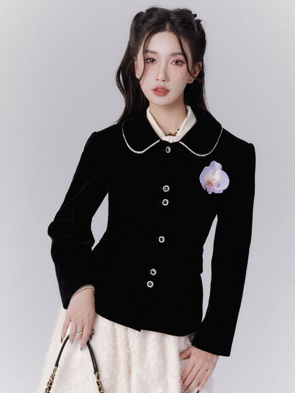 Velvet Formal Classy Flower-Broach Curve Jacket