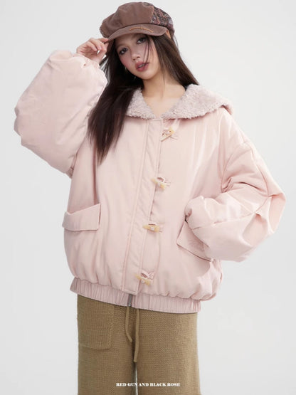 Toggle-Button Thick Warm Boa-Collar Jacket