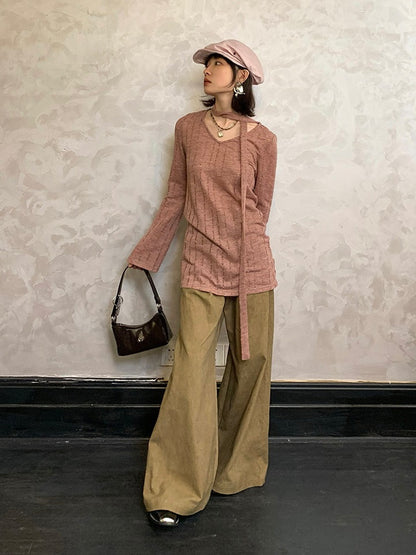 High-Waist Natural Loose Plain Wide-Pants