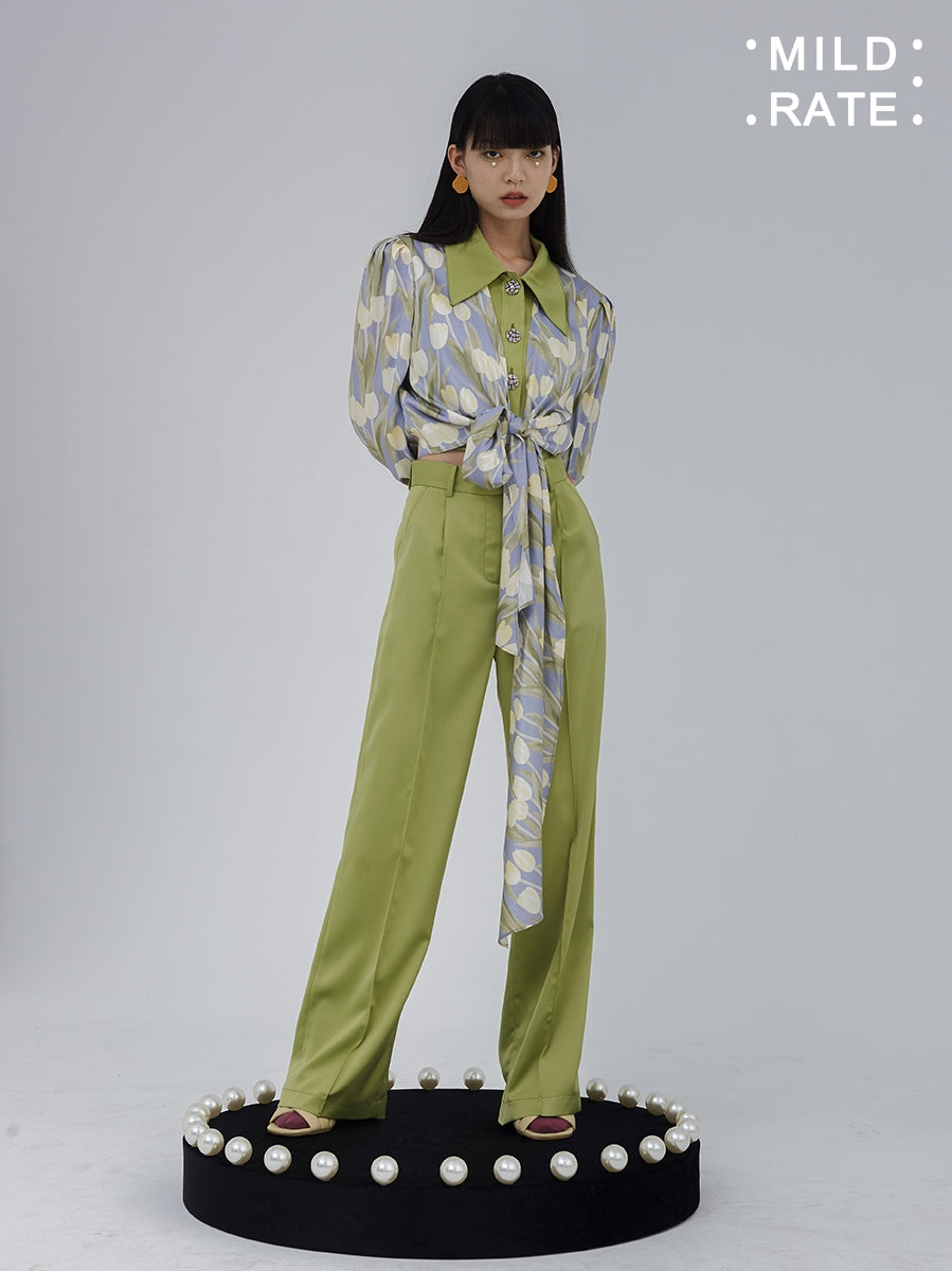 Straight Slacks Loose High-Waist Color-Pants