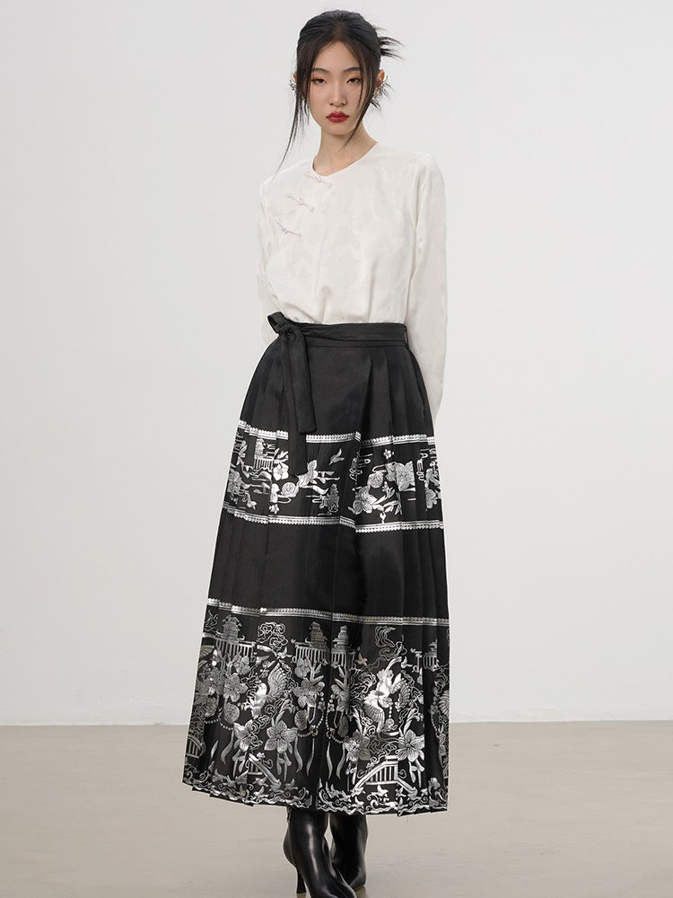 China Set-Up Ethnic Embroidery Flower Metallic Nichi Blouse＆Long-Skirt