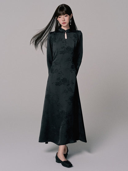 Embroidery Elegant Long China Mao-Collar Dress