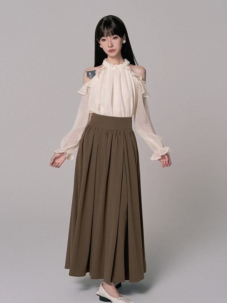 High-Waist Plain Flare Simple Long-Skirt