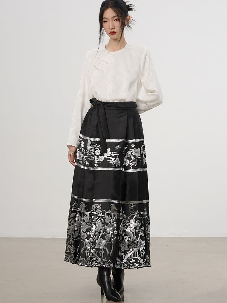 China Set-Up Ethnic Embroidery Flower Metallic Nichi Blouse＆Long-Skirt