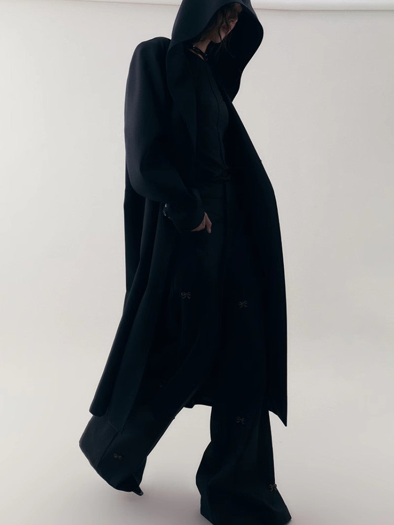 Hoodie Bi-Color Nichi Line Wool Long-Coat