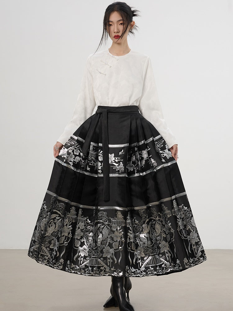 China Set-Up Ethnic Embroidery Flower Metallic Nichi Blouse＆Long-Skirt