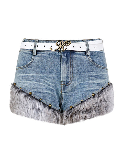 Fur Denim Lace-Up Slim Bare-Top&amp;Short-Pants