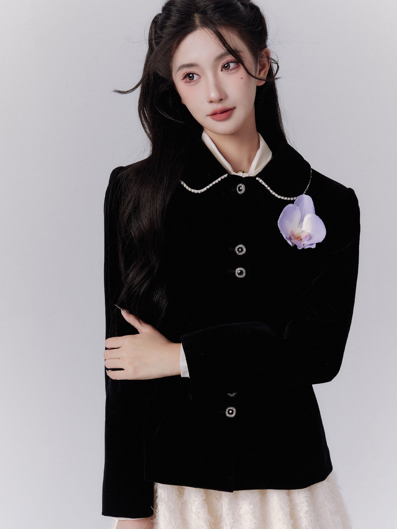 Velvet Formal Classy Flower-Broach Curve Jacket