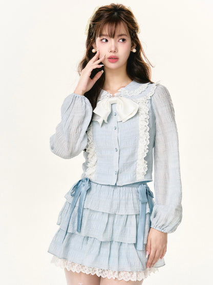 Frill Set-Up Girly Wrinkled Lace Ribbon Cute Blouse＆Mini-Skirt