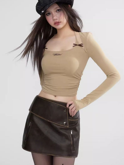 Leather Wide-Belt Tight Cool Smooth Mini-Skirt