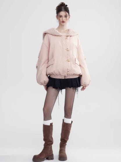 Toggle-Button Thick Warm Boa-Collar Jacket