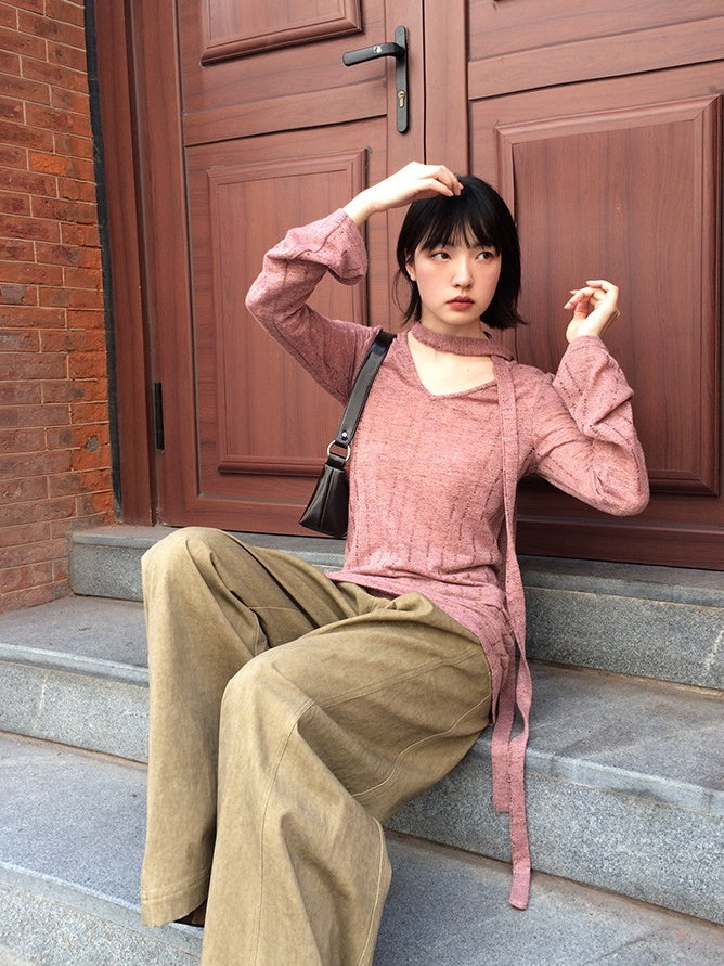 High-Waist Natural Loose Plain Wide-Pants