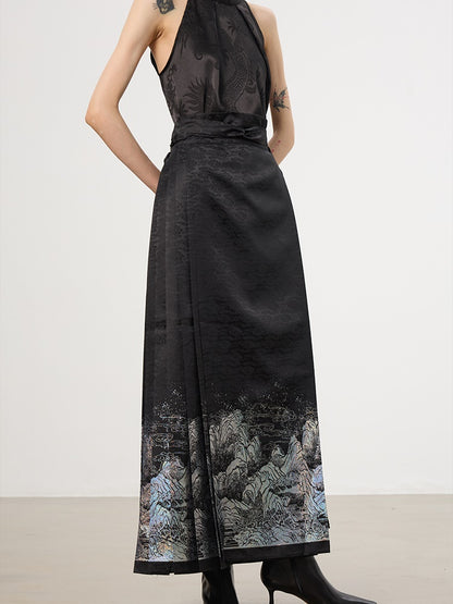 China American-Sleeve Embroidery Chic High-End Blouse＆Long-Skirt