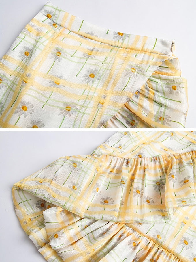 Wrap Flower Frill Girly Flare Retro Checked Long-Skirt