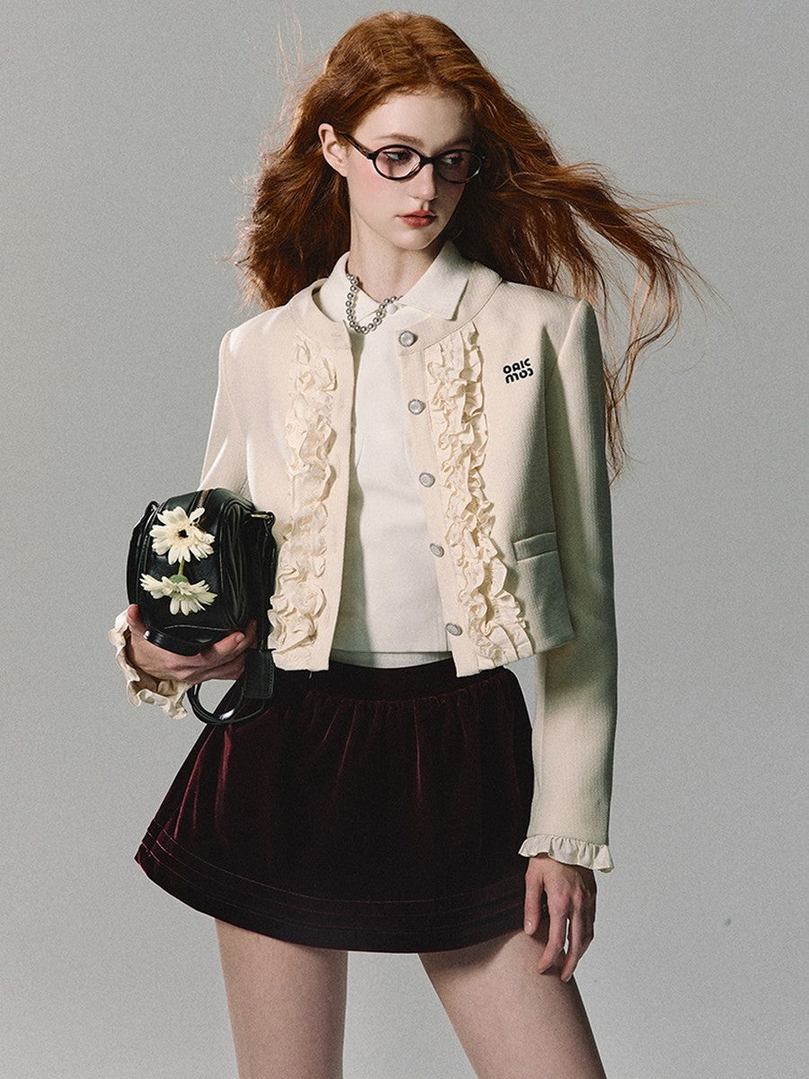 Set-Up Suit Lace Frill Feminine No-Collar-Jacket＆Mini-Skirt