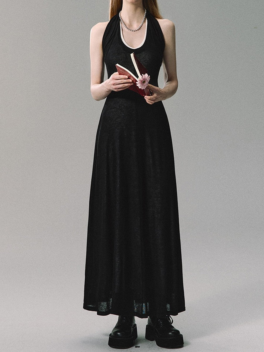 Halter-Neck Long Layered Bi-Color Back-Open Dress