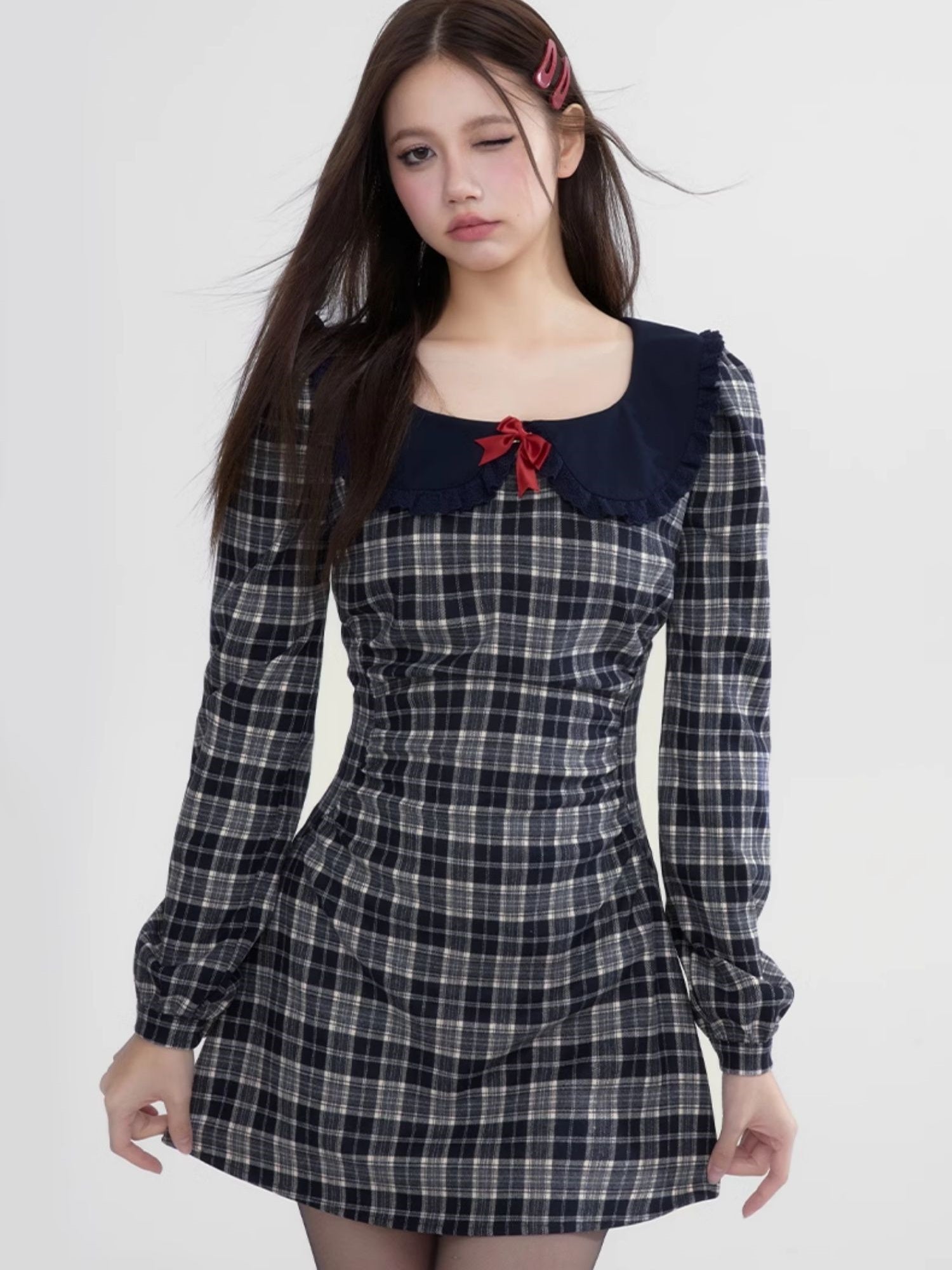 Checked Ribbon Frill-Collar Girly Retro One-Piece