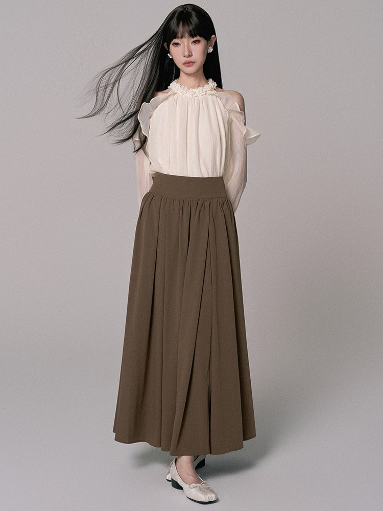 High-Waist Plain Flare Simple Long-Skirt