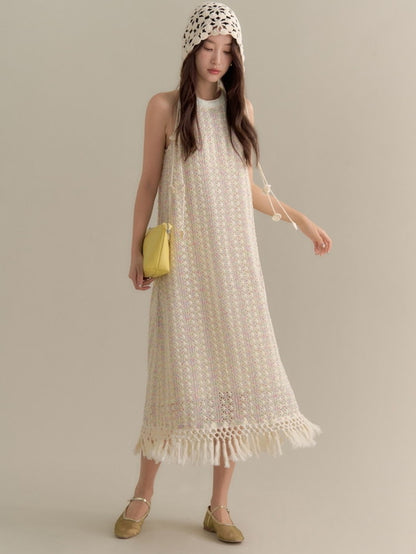 Crochet Knit Tassel American-Sleeve Sequins Long Dress