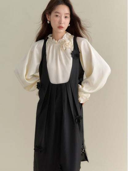 Balloon-Sleeve Rose Feminine Elegant Plain Blouse