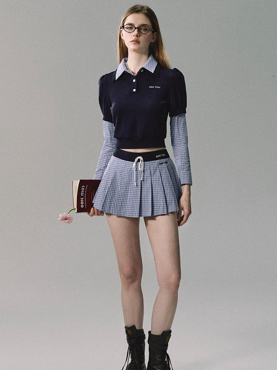 Set-Up Casual College Checked Blouse＆Mini-Skirt